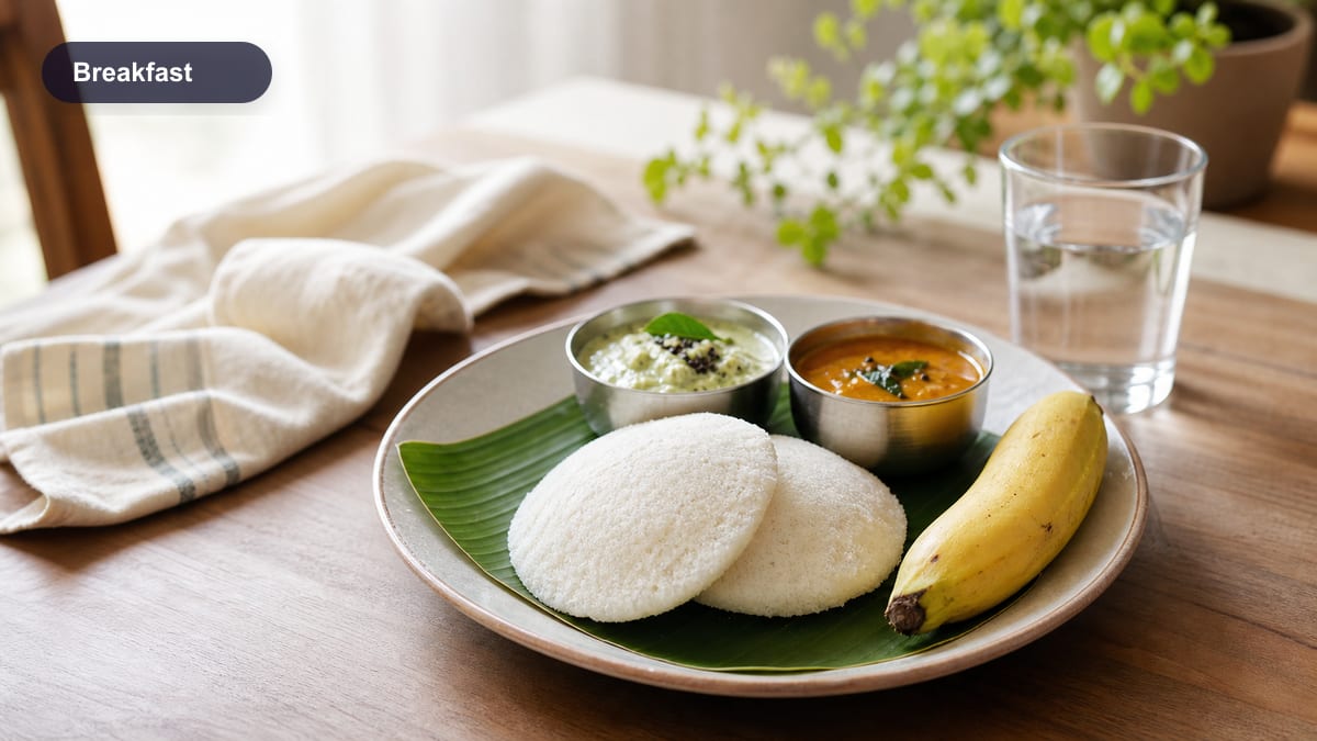 Idli, chutney, banana, and water arranged as a simple breakfast