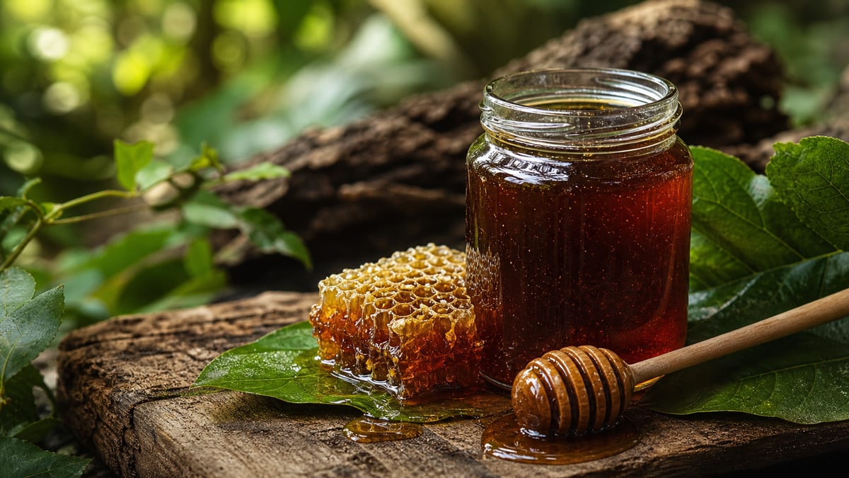 Dark forest honey jar with honeycomb on a natural wooden surface