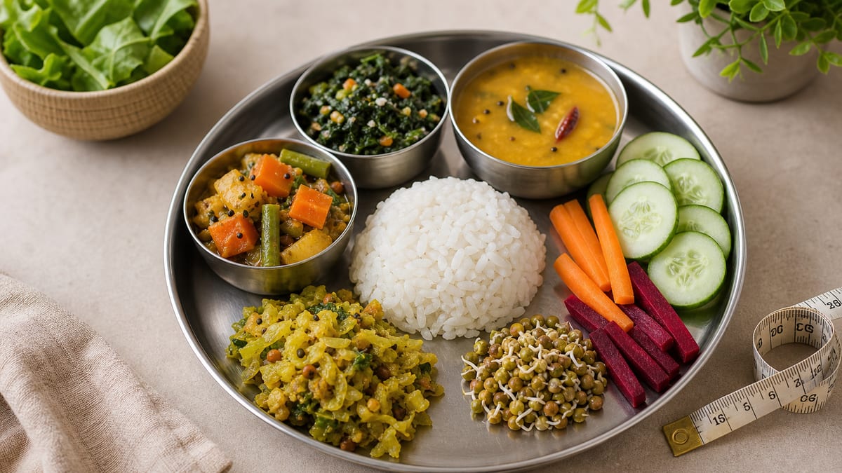Balanced meal plate with vegetables, sprouts, rice, curd, and measuring tape