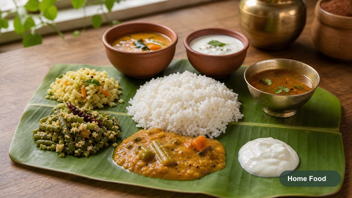 Home cooked rice, dal, greens, curry, curd, and rasam on a banana leaf