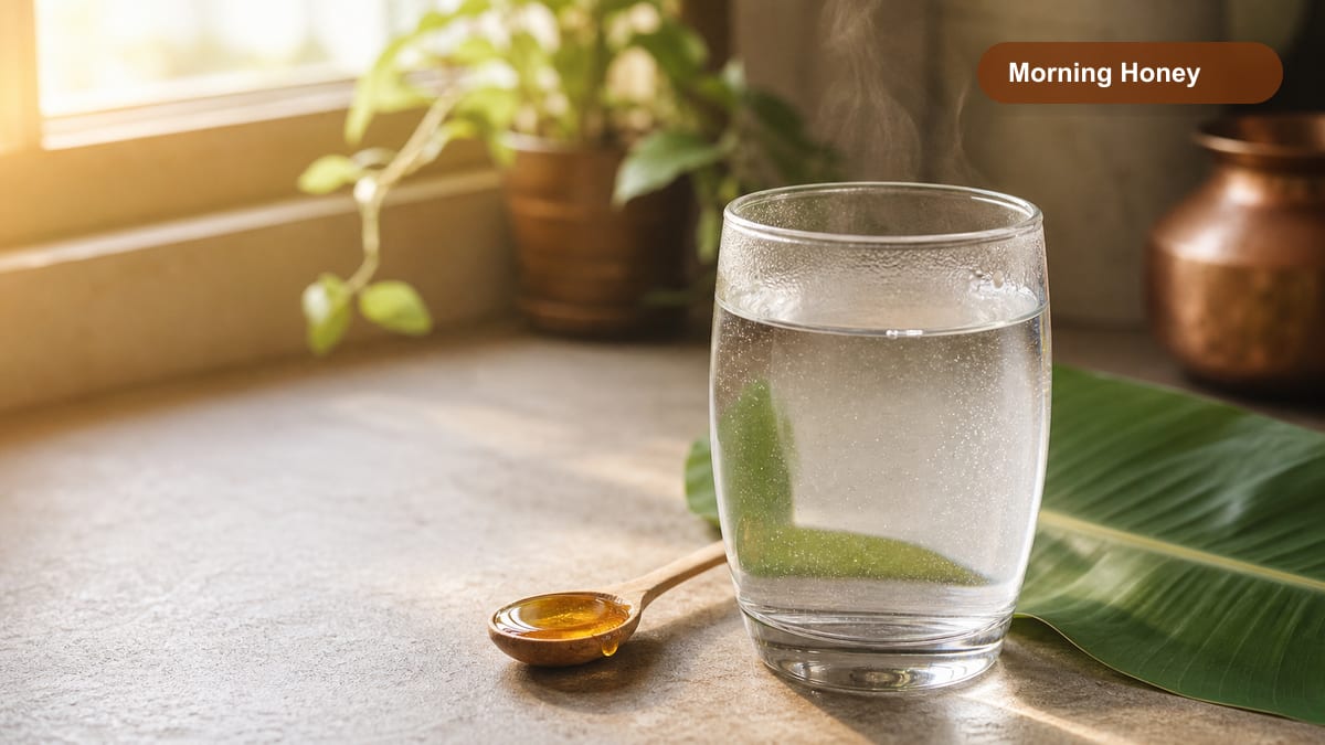 Glass of water and small spoon of honey in morning light